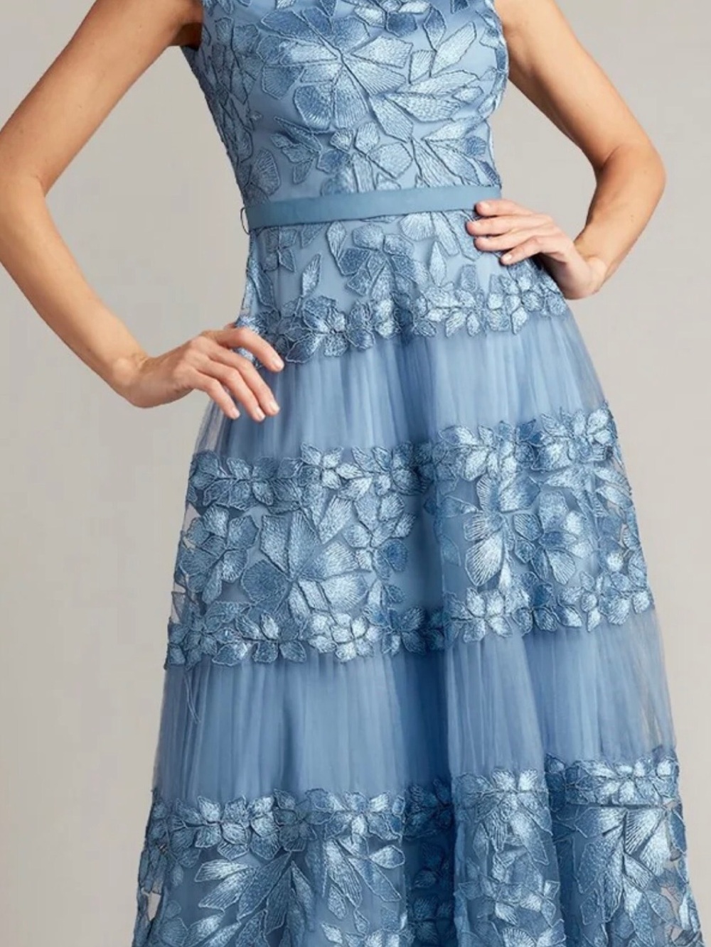 Tadashi Shoji Dusty Blue Floral Lace Maxi Dress